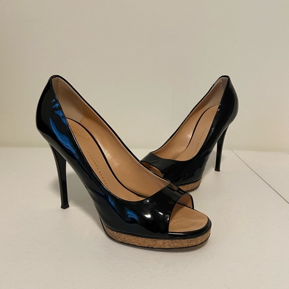 Giuseppe Zanotti women’s black leather peep toe Patent IT 37 cork platform heels - Picture 1 of 8